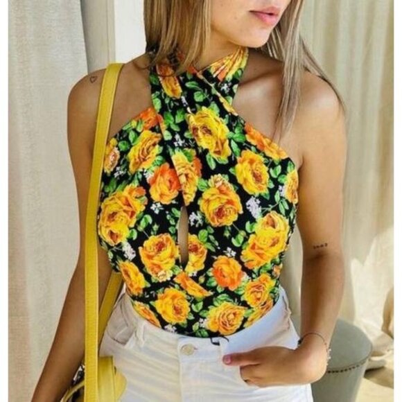 Zara Floral Sleeveless Halter Bodysuit Top Black & Yellow S - Picture 1 of 7